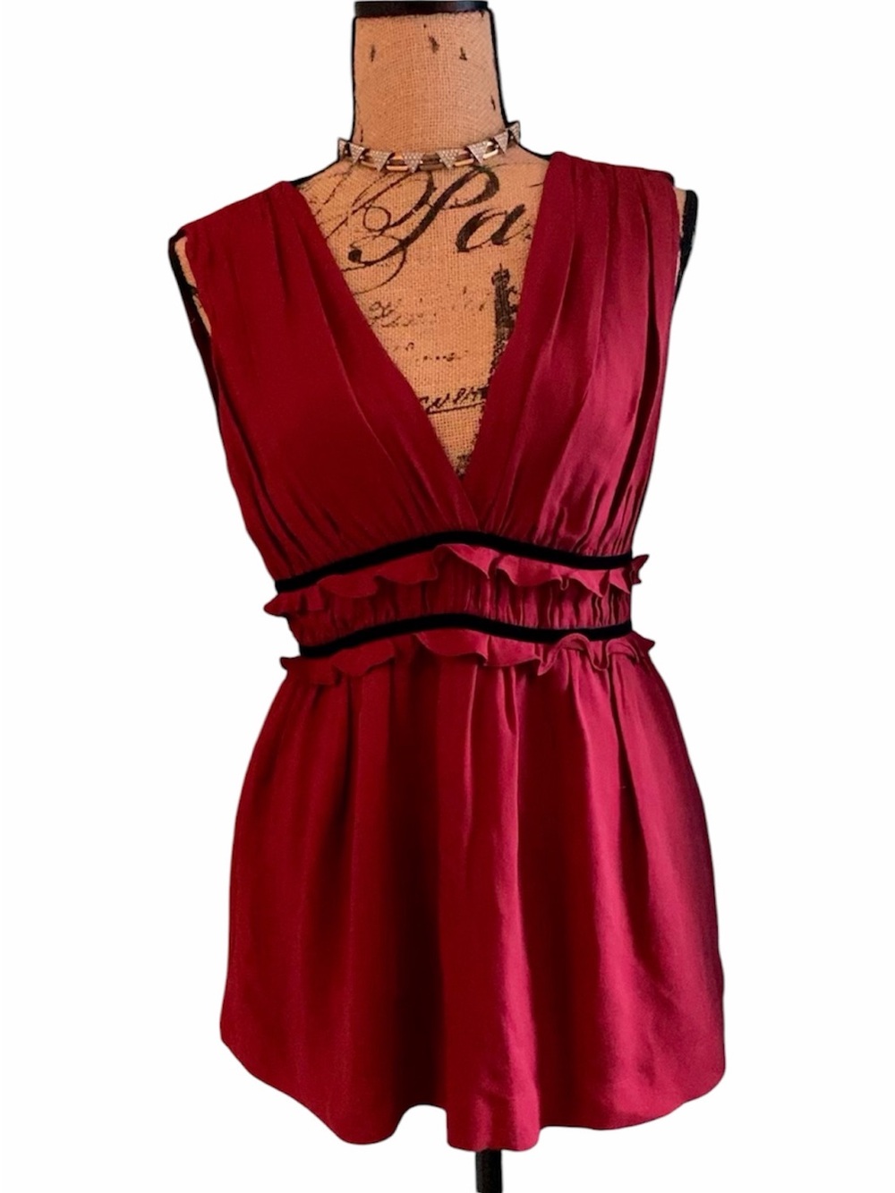 Robert Rodriquez Red Grecian Style Silk Top Black Velvet Detail Women’s Size 4
